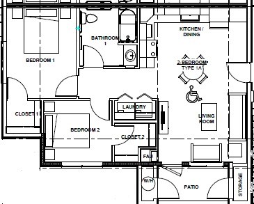 Floor plan for 2 beds, 1 bath, 770 sqft